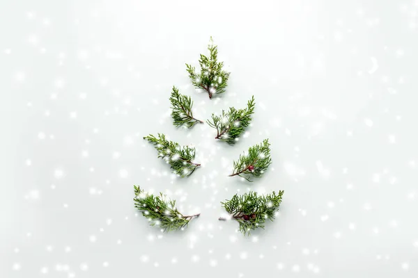 Minimalistic Christmas Tree Made Green Branches Snowflakes Decorations White Background — Stock Photo, Image