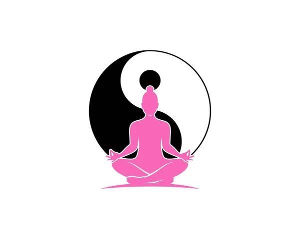 Meditazione Femminile Con Yin Yang Dietro — Vettoriale Stock