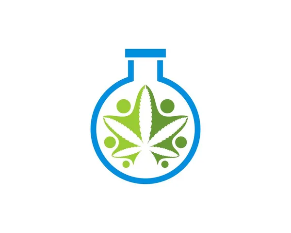 Laboratoire Bouteille Simple Avec Feuille Cannabis Groupe Personnes — Image vectorielle