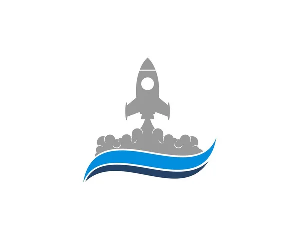 青い波のロゴのロケット打ち上げ — ストックベクタ