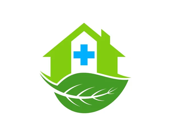 Einfaches Krankenhaus Haus Mit Grünem Naturblatt — Stockvektor
