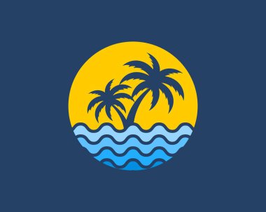 İçinde soyut plaj dalgası ve palmiye ağacı olan daire şeklinde.