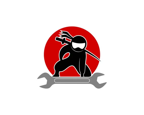 Ninja Auf Dem Schraubenschlüssel Reparatur Logo — Stockvektor