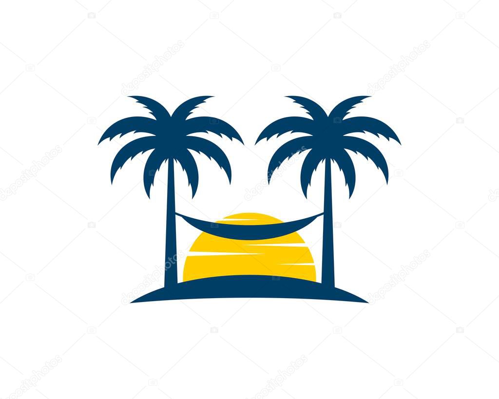 Twin palm tree with relax swing and sunset behind