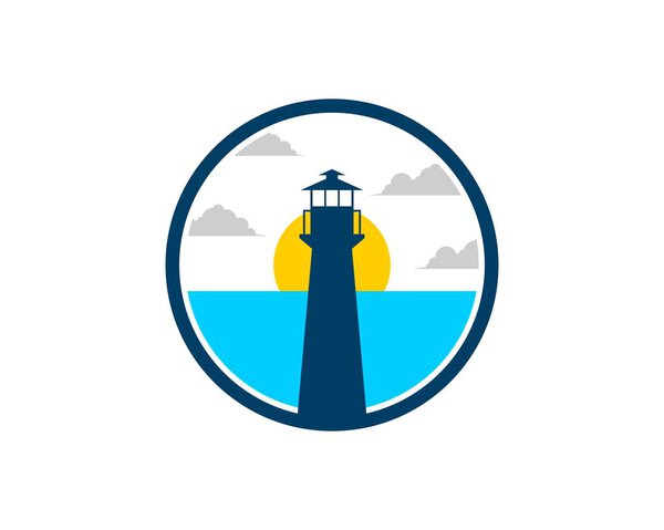 Circle shape with lighthouse and beach inside