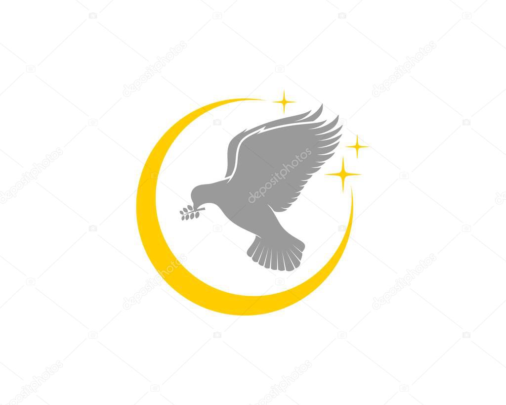 Flying dove on the crescent moon logo