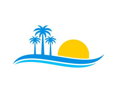 Three palm tree with beach wave and sunset