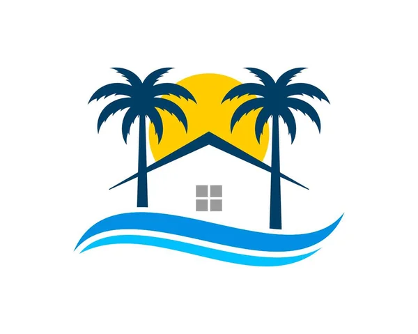Two Palm Tree Simple House Beach Sunset — Stockvector