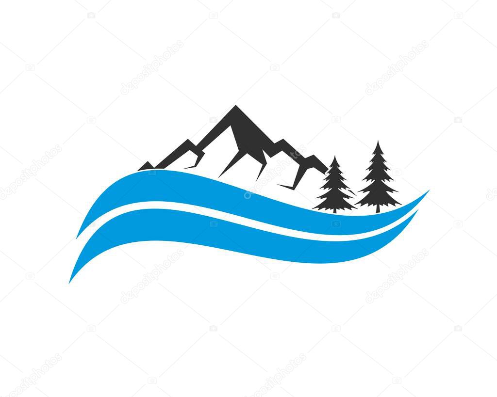Mountain with pine tree and wave