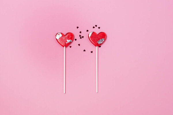 Two Lollipops Hearts Red Confetti Candy Love Concept Valentine Day Horizontal