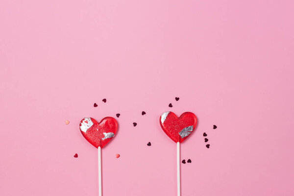 Two Lollipops Hearts Red Confetti Candy Love Concept Valentine Day Copy Space