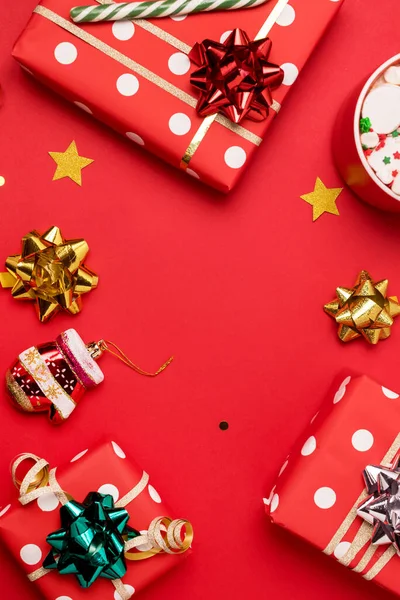 Natal Fundo Natal Presente Caixa Xícara Chocolate Com Marshmallow Decorações — Fotografia de Stock