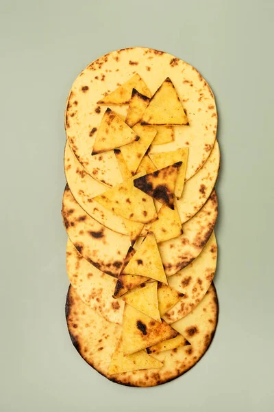 Stack Tasty Homemade Whole Wheat Flour Tortilla Tortilla Chips Green — Stock Photo, Image