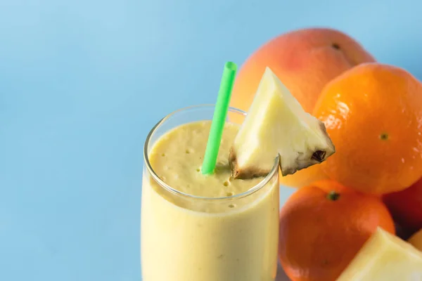 Freshly Blended Yellow Orange Fruit Smoothie Glass Straw Pineapple Citrus — 图库照片