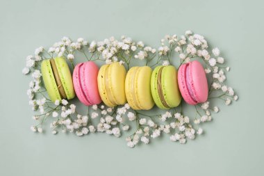 Light Green Background with Macaroons and Flowers Modern French Delicate Dessert Horizontal Copy Space Top View