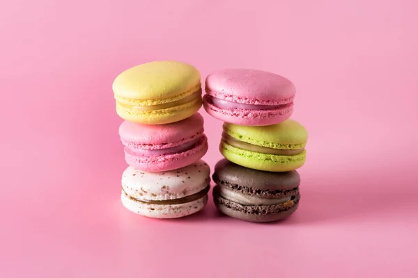 Sweet Colorful Macarons Pink Background Tasty Colourful Macaroons French Dessert — Photo