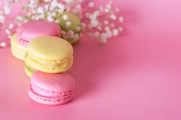 Pink Background Macaroons Flowers Modern French Delicate Dessert Horizontal Copy — Photo