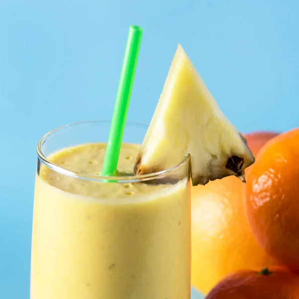 Freshly Blended Yellow Orange Fruit Smoothie Glass Straw Pineapple Citrus — 图库照片