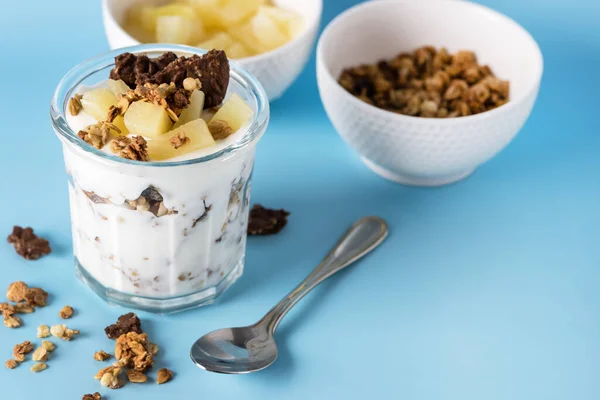 Glass Diet Dessert Yogurt Muesli Granola Diet Cookies Oatmeal Fruit — Stok fotoğraf