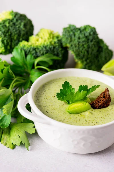 Fresh Broccoli Soup Healthy Diet Vegetarian Soup Light Gray Background Vertical