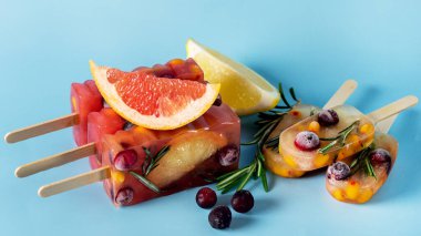 Donmuş Tazeleyici Yaz Kokteylleri Buzlu Meyve Tarifi Soğuk Tatlı Meyveler ve Biberiye Mavisi Arkaplan Bayrağı ile Citrus Çayı