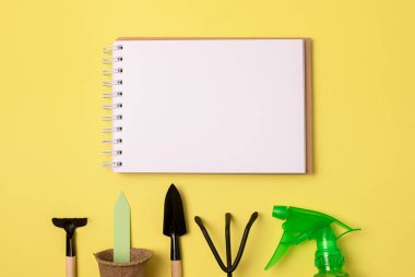 Baharda Bahçe Aletleri Sarı Arkaplan Arkaplan Kavramları Kürek Tırmık Spreyi Düz Yerleşim