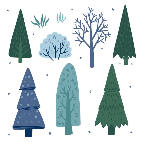Illustrationsset Von Winterpflanzen Bäume Sträucher Tannen Gras Vereinzelt Auf Weißem — Stockvektor