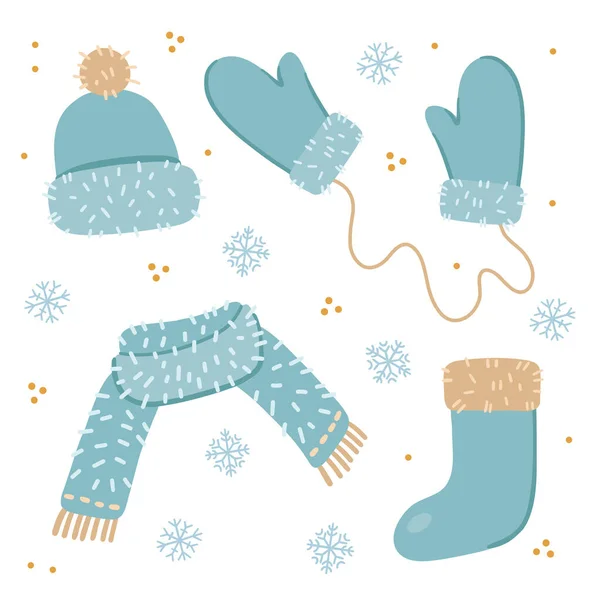 Abbildungen Der Winterkleidung Handschuhe Schal Mütze Socke Objekte Isoliert Auf — Stockvektor