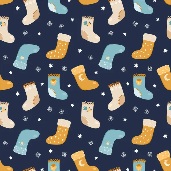 Illustration of a seamless pattern from Christmas socks. Santa socks with different designs. — Stockvektor