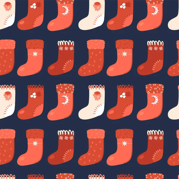 Ilustración de un patrón sin costuras de calcetines de Navidad. Calcetines Santa con diferentes diseños. — Archivo Imágenes Vectoriales