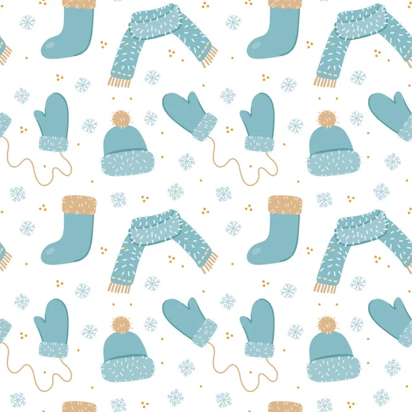 Illustration of a seamless pattern from warm winter things. Hat, scarf, mittens, socks. Suitable for winter themes. Objects are isolated on a white background. — Stockvektor