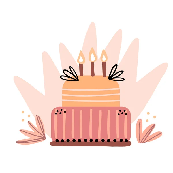 Иллюстрация праздничного праздничного торта. Торт украшен свечами для детской вечеринки. Просто симпатичный стиль. — стоковый вектор