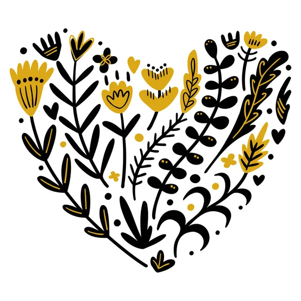Illustration av växtelement i form av ett hjärta. Botanisk illustration, folkmotiv. Enkel söt stil. — Stock vektor