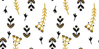 Botanik kusursuz bir desen çizimi. Çiçekler, yapraklar, dallar. Halk sanatı tarzı. Beyaz arka planda izole edilmiş nesneler. Evrensel kullanım.