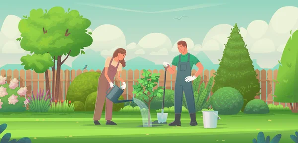 정원에 나무를 있습니다 남자와 정원사 정원가꾸기 식물을 키운다 형태의 — 스톡 벡터