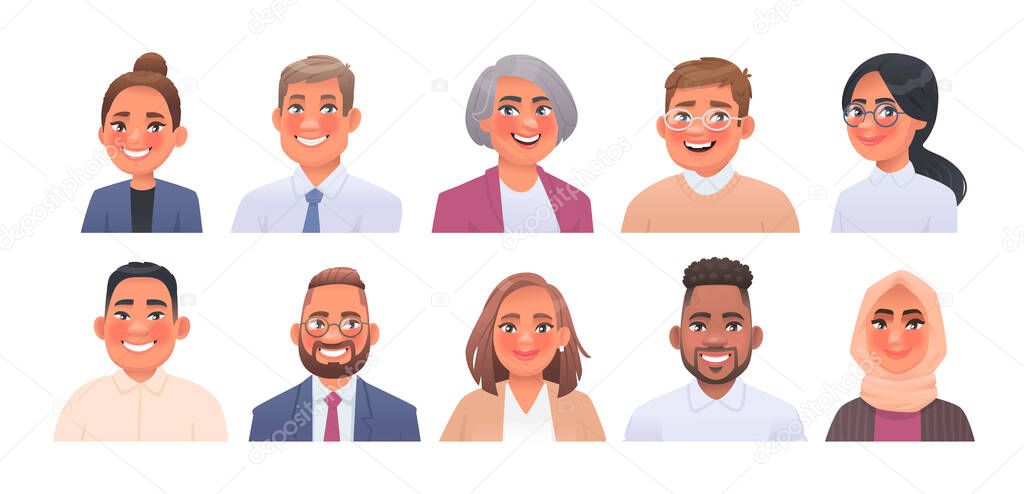 Set of portraits of diverse people. Bundle of avatars of men and women of different ages and nationalities. Business team, colleagues. Vector illustration in cartoon style