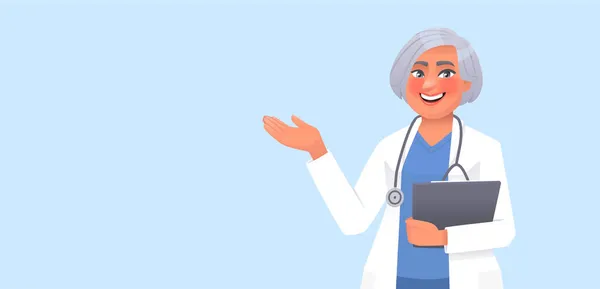 Жінка Лікар Синьому Тлі Щось Вказує Реклама Професійних Медичних Послуг — стоковий вектор
