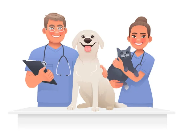 兽医和宠物在一起男人和女人 兽医诊所的工作人员带着一只猫和一只狗 背景是白色的 卡通风格的矢量图解 — 图库矢量图片