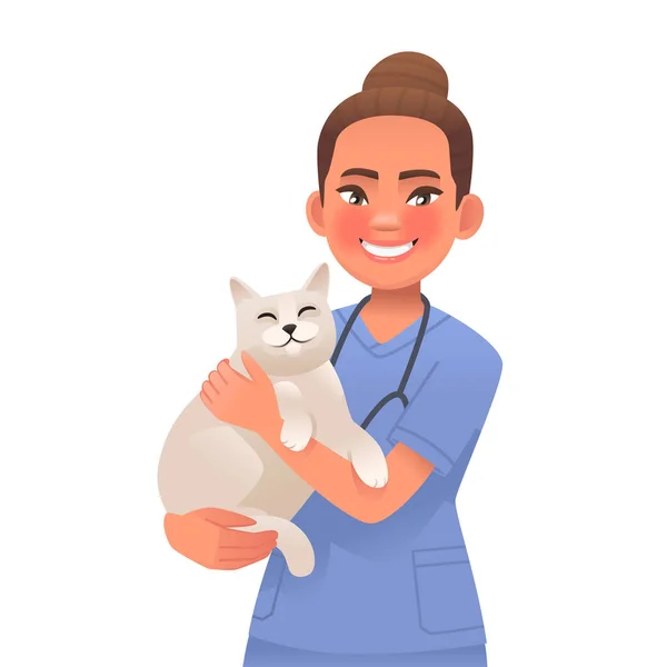 Veteriner Kediyi Tutuyor Uzman Veteriner Evcil Hayvanı Olan Bir Doktor Telifsiz Stok Vektörler