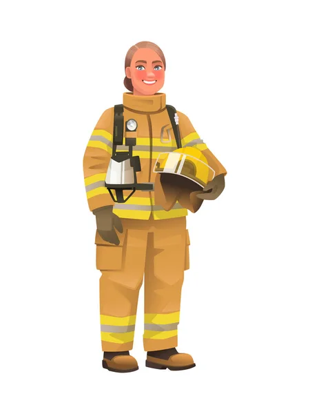 防護服とヘルメットとの完全な長さの消防士の女性 白い背景の上に幸せな消防士 漫画風のベクトルイラスト — ストックベクタ