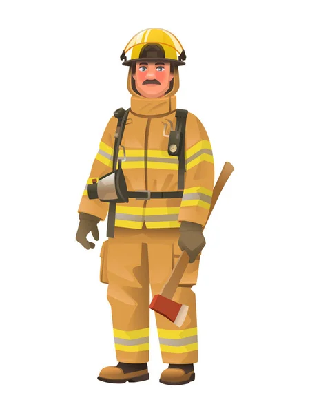 消防员身穿防护服 头戴钢盔 手里拿着斧头 全长消防员 装备为白色背景 卡通风格的矢量图解 — 图库矢量图片