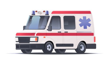 Ambulance car on an isolated white background. Emergency vehicle. Vector illustration in cartoon style