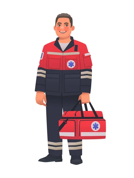 Paramedic Man Uniform Full Length First Aid Bag Isolated White — Archivo Imágenes Vectoriales