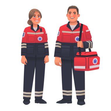 Paramedikler üniformalı kadın ve erkek. Ambulans çalışanları. Çizgi film tarzında vektör illüstrasyonu