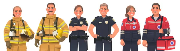 Notfallhelfer Feuerwehrmänner Und Frauen Polizisten Und Rettungssanitäter Vektorillustration Cartoon Stil — Stockvektor