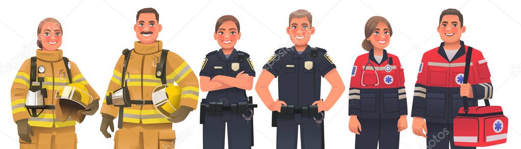 Emergency workers. Men and women firefighters, police officers and ambulance paramedics. Vector illustration in cartoon style