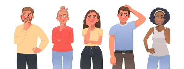 Düşünen insanlar. Erkekler ve kadınlar düşünür ve hayal kurarlar. Bir sorunu seçmek ya da çözmek. Bir sorum var. Bir soruna çözüm bulmak. Çizgi film tarzında vektör illüstrasyonu