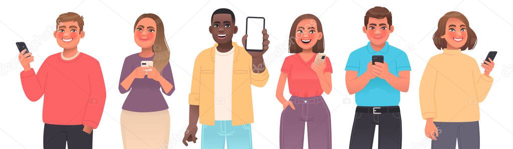 Set of young people use phones. Men and women hold a smartphone in their hands, communication on the Internet, chat social networks. Characters for mobile app advertising. Vector illustration in cartoon style
