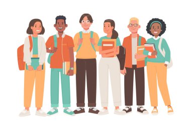 Sırt çantaları ve ellerinde kitaplarla bir grup mutlu öğrenci. Erkekler ve kızlar, okul ya da üniversite öğrencileri birlikte. Beyaz arka planda genç öğrencilerden oluşan çok kültürlü bir ekip. Düz biçimli vektör illüstrasyonu