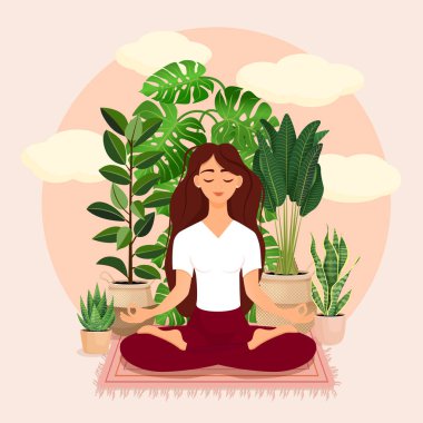 Bitkilerle çevrili nilüfer çiçekli güzel esmer kız. Evinde meditasyon yapan bir kadının vektör çizimi. Uyum ve denge. Bacak bacak üstüne attım. İçerideki kız.